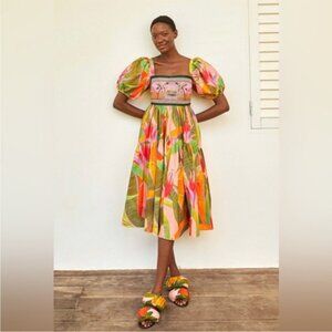 Farm Rio Pink Garden Beaded Top Midi Dress